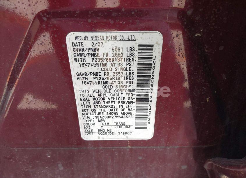 Photo 9 of 2007 Nissan Murano S (VIN JN8AZ08W27W643528)