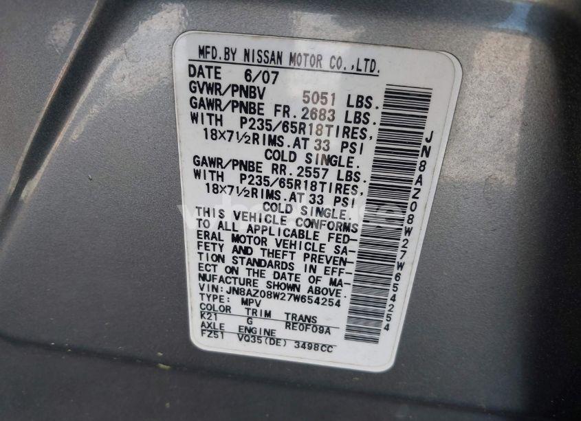 Photo 7 of 2007 Nissan Murano SL (VIN JN8AZ08W27W654254)