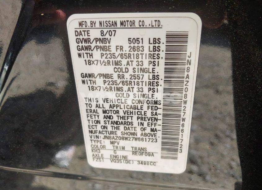 Photo 9 of 2007 Nissan Murano S (VIN JN8AZ08W27W661723)