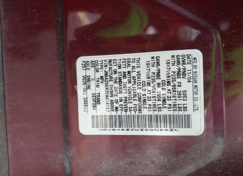 Photo 9 of 2005 Nissan Murano SL (VIN JN8AZ08W35W414157)