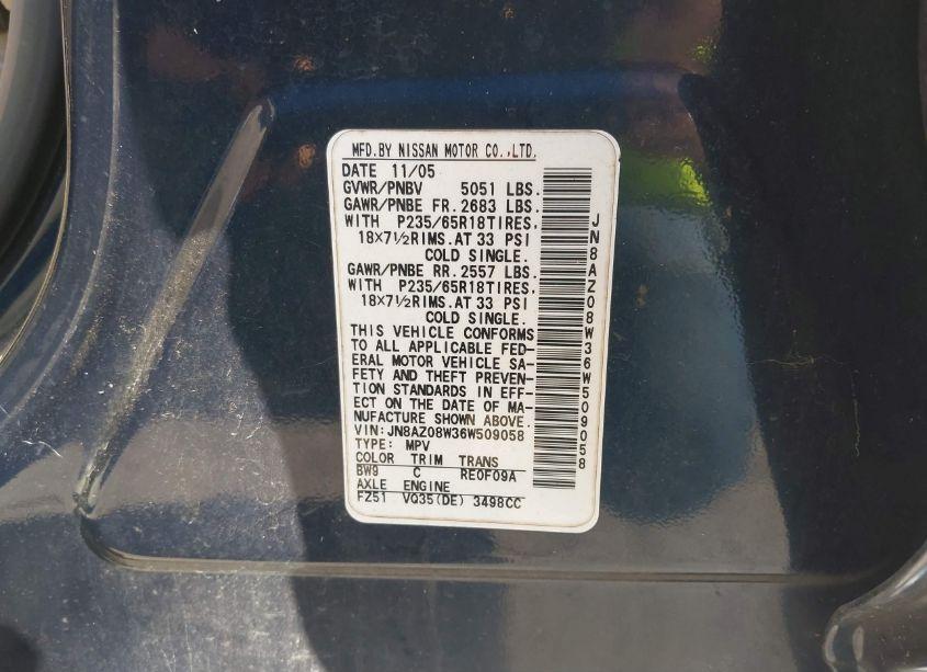 Photo 8 of 2006 Nissan Murano SL (VIN JN8AZ08W36W509058)