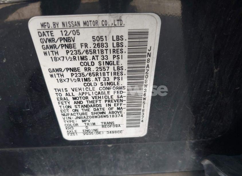 Photo 9 of 2006 Nissan Murano SL (VIN JN8AZ08W36W518374)