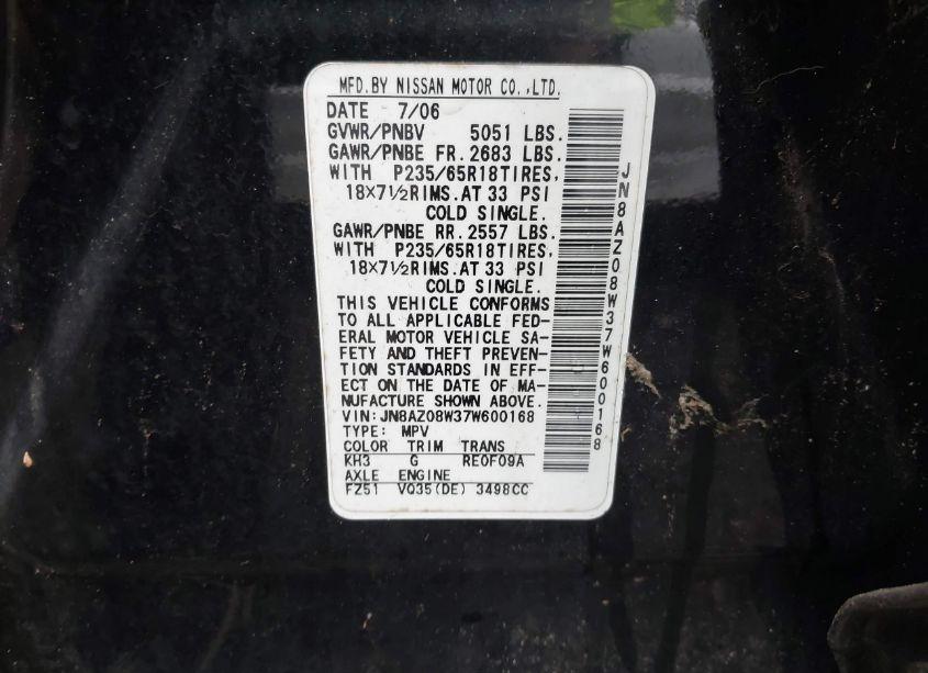 Photo 6 of 2007 Nissan Murano S (VIN JN8AZ08W37W600168)