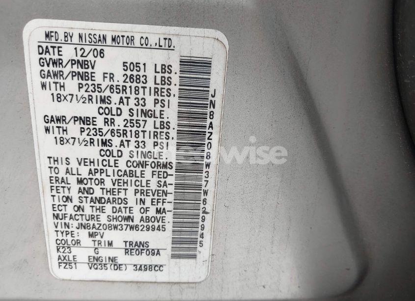 Photo 7 of 2007 Nissan Murano S (VIN JN8AZ08W37W629945)