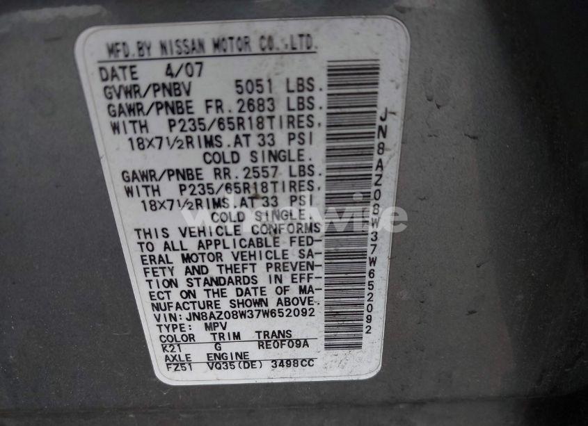 Photo 9 of 2007 Nissan Murano SE (VIN JN8AZ08W37W652092)