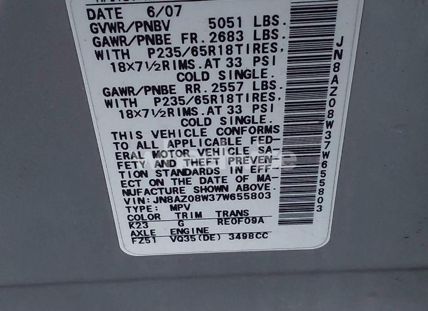 Photo 6 of 2007 Nissan Murano S (VIN JN8AZ08W37W655803)