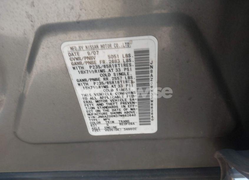 Photo 7 of 2007 Nissan Murano SL (VIN JN8AZ08W37W662640)