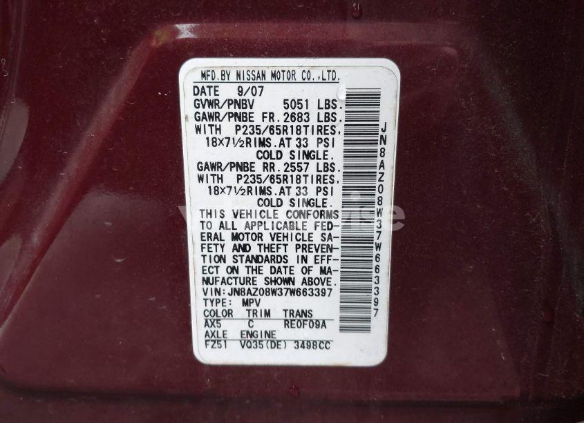 Photo 7 of 2007 Nissan Murano S (VIN JN8AZ08W37W663397)