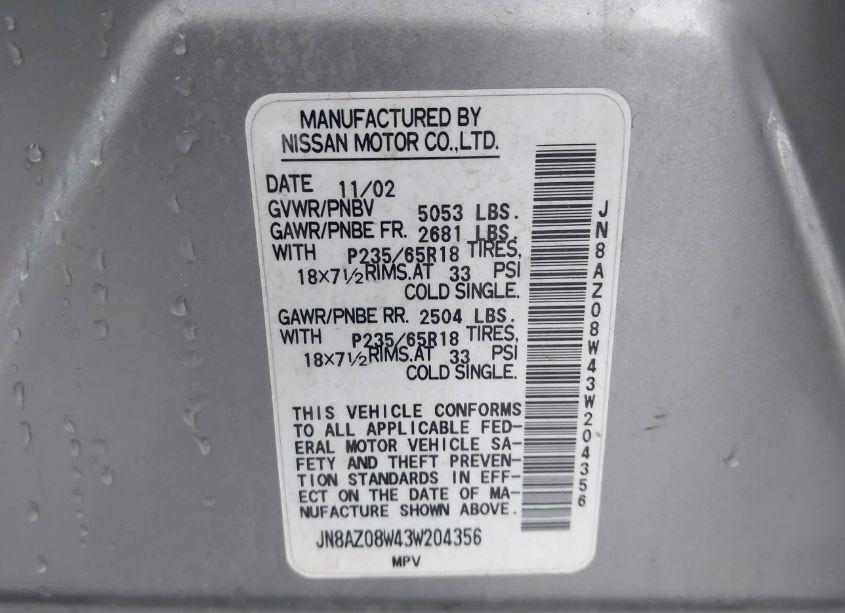 Photo 6 of 2003 Nissan Murano SL (VIN JN8AZ08W43W204356)