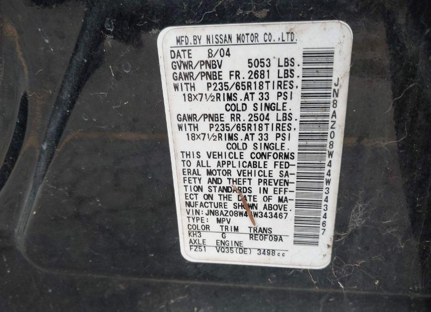 Photo 5 of 2004 Nissan Murano SL (VIN JN8AZ08W44W343467)