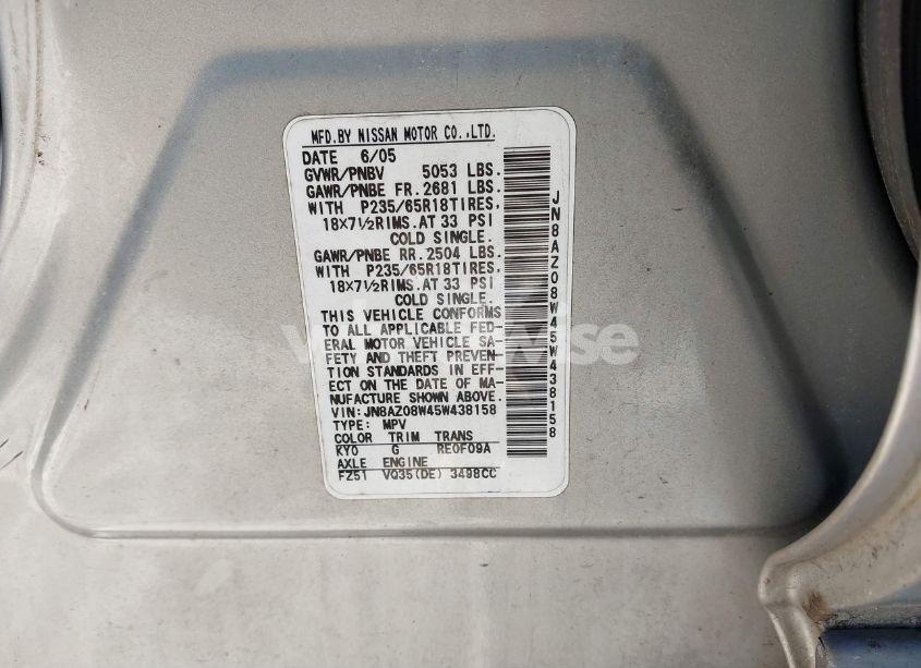 Photo 7 of 2005 Nissan Murano SL (VIN JN8AZ08W45W438158)