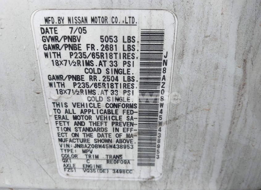 Photo 8 of 2005 Nissan Murano SE (VIN JN8AZ08W45W438953)