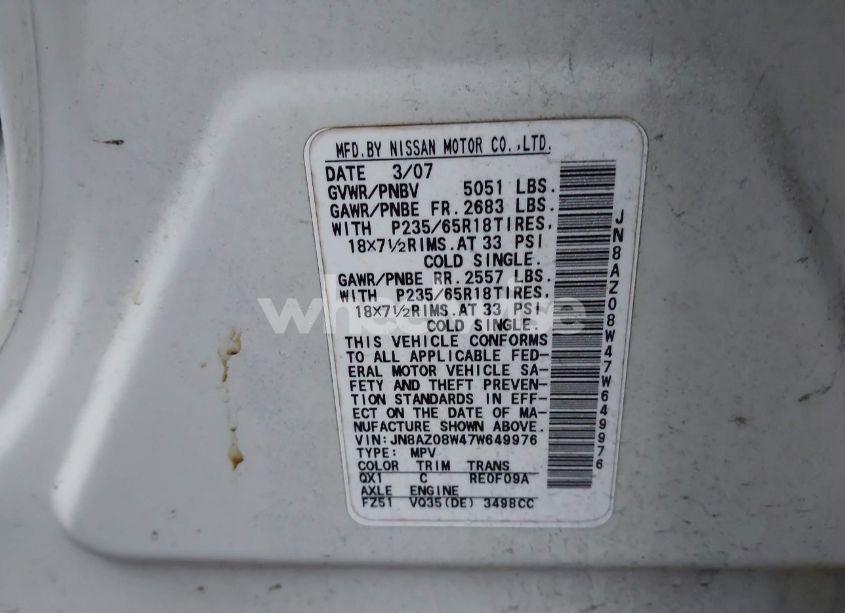 Photo 9 of 2007 Nissan Murano SL (VIN JN8AZ08W47W649976)