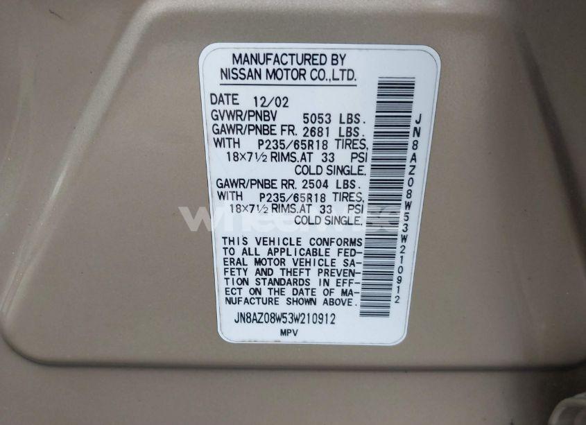 Photo 9 of 2003 Nissan Murano SL (VIN JN8AZ08W53W210912)