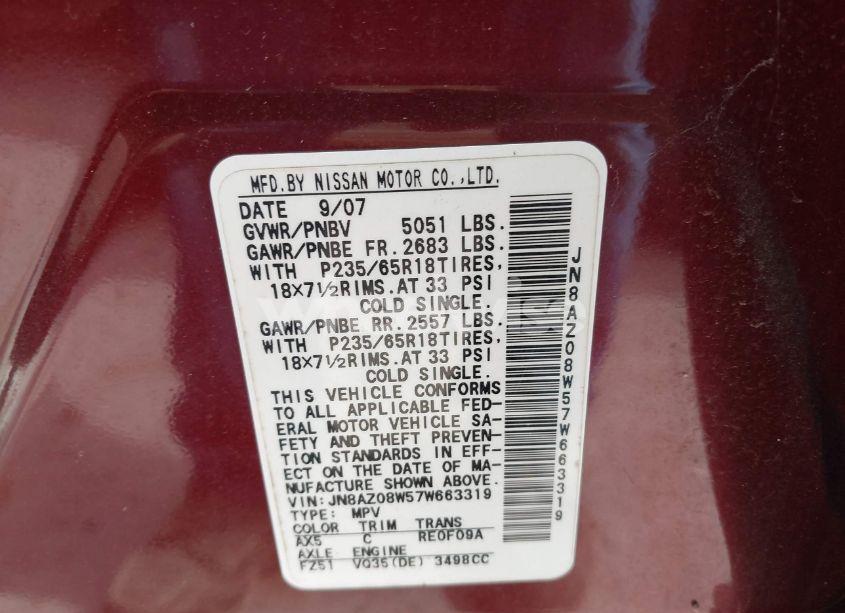 Photo 9 of 2007 Nissan Murano SL (VIN JN8AZ08W57W663319)