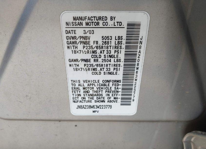 Photo 7 of 2003 Nissan Murano SL (VIN JN8AZ08W63W223779)