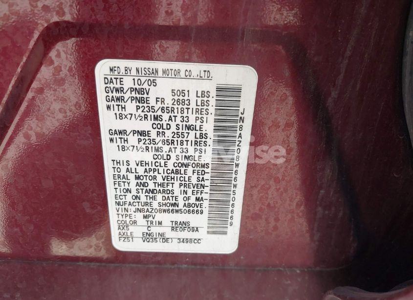 Photo 9 of 2006 Nissan Murano SL (VIN JN8AZ08W66W506669)