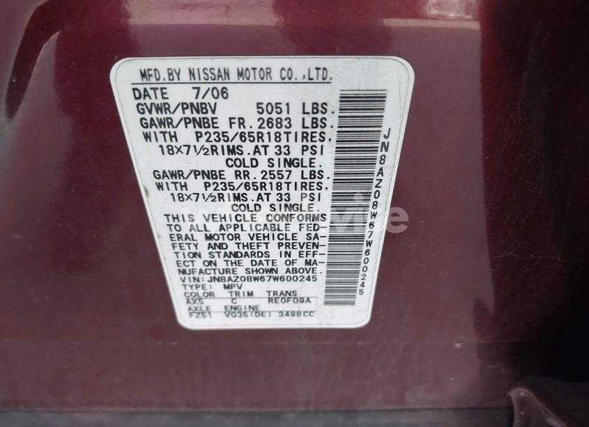 Photo 9 of 2007 Nissan Murano S (VIN JN8AZ08W67W600245)