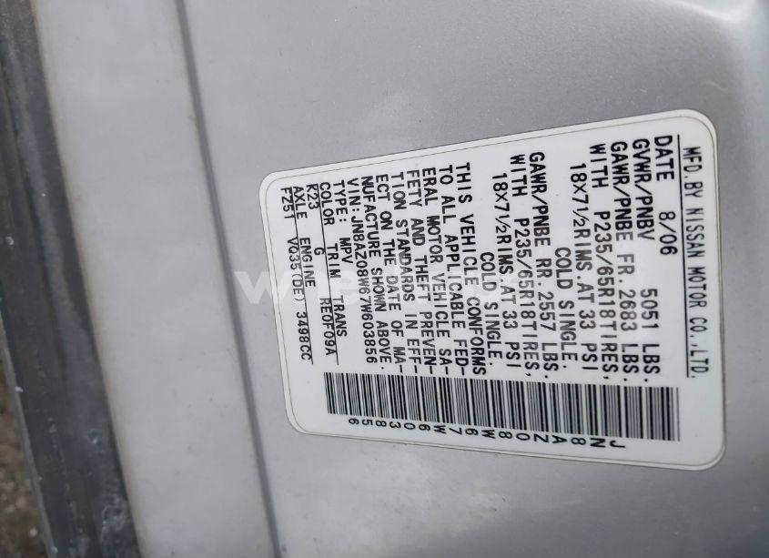 Photo 8 of 2007 Nissan Murano SL (VIN JN8AZ08W67W603856)