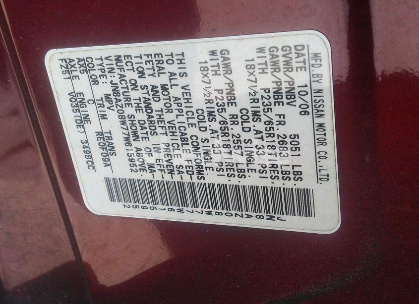 Photo 9 of 2007 Nissan Murano SL (VIN JN8AZ08W77W615952)