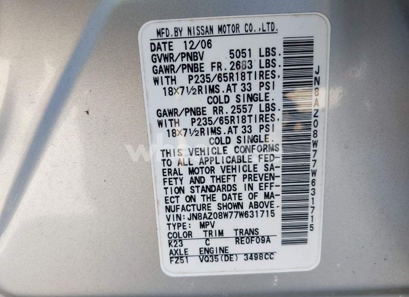 Photo 9 of 2007 Nissan Murano SL (VIN JN8AZ08W77W631715)