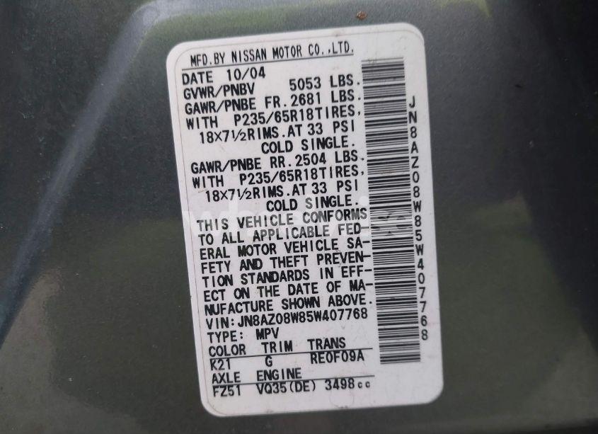 Photo 6 of 2005 Nissan Murano SL (VIN JN8AZ08W85W407768)