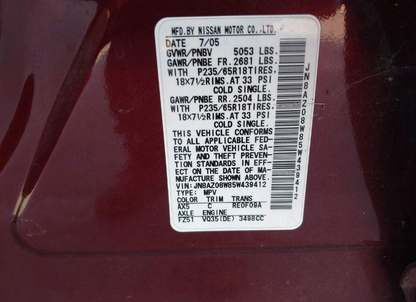 Photo 5 of 2005 Nissan Murano SL (VIN JN8AZ08W85W439412)