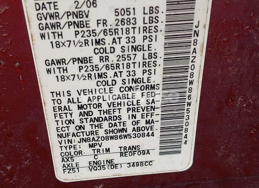 Photo 6 of 2006 Nissan Murano SL (VIN JN8AZ08W86W530844)