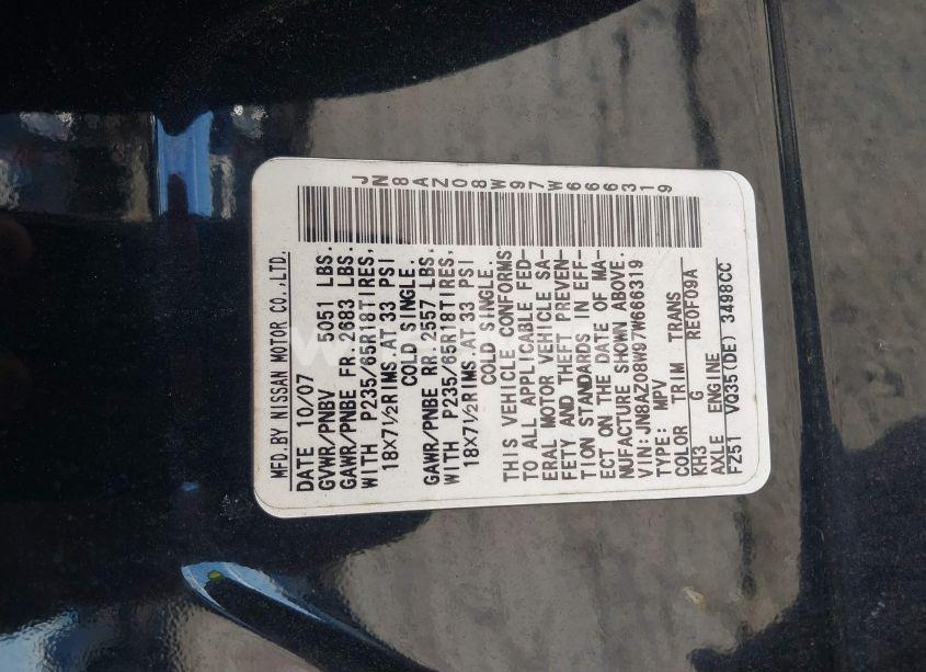 Photo 6 of 2007 Nissan Murano SL (VIN JN8AZ08W97W666319)