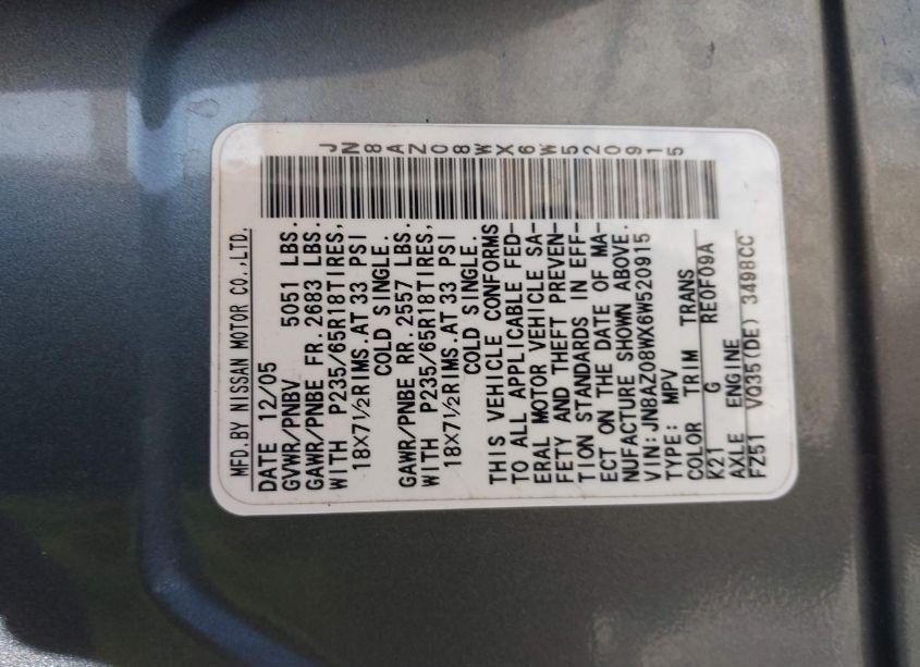 Photo 5 of 2006 Nissan Murano SL (VIN JN8AZ08WX6W520915)