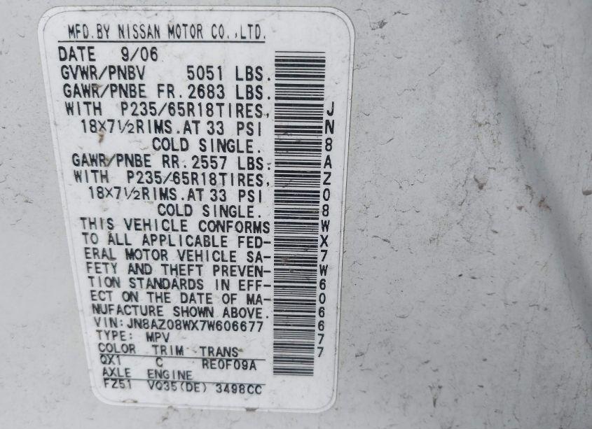 Photo 6 of 2007 Nissan Murano SL (VIN JN8AZ08WX7W606677)