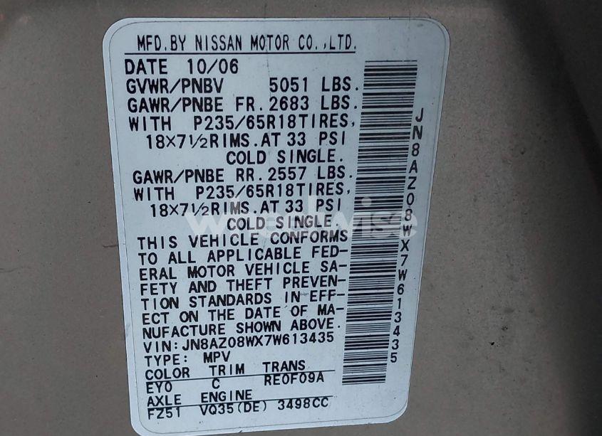 Photo 9 of 2007 Nissan Murano S (VIN JN8AZ08WX7W613435)