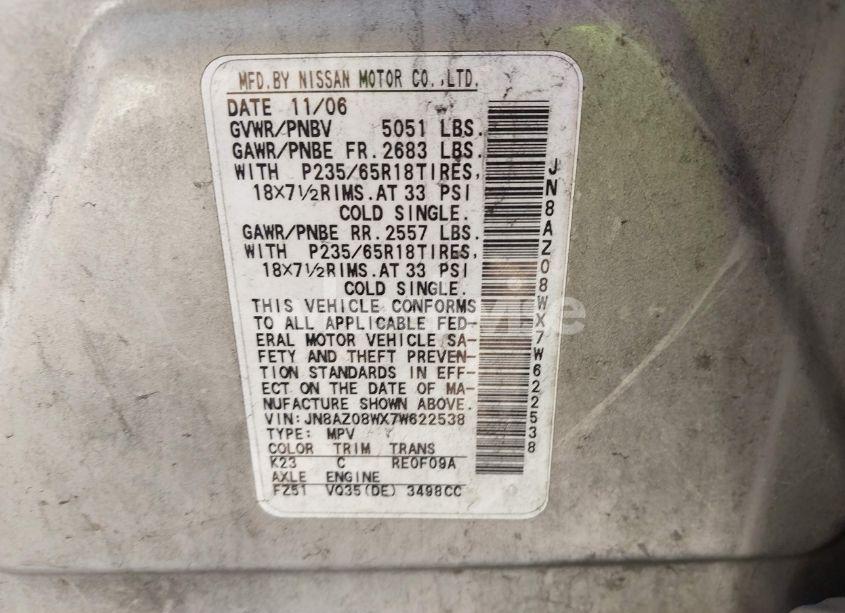 Photo 9 of 2007 Nissan Murano SL (VIN JN8AZ08WX7W622538)