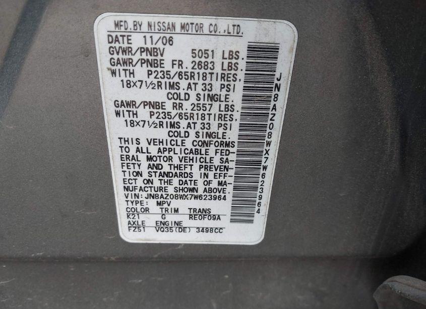 Photo 6 of 2007 Nissan Murano SL (VIN JN8AZ08WX7W623964)