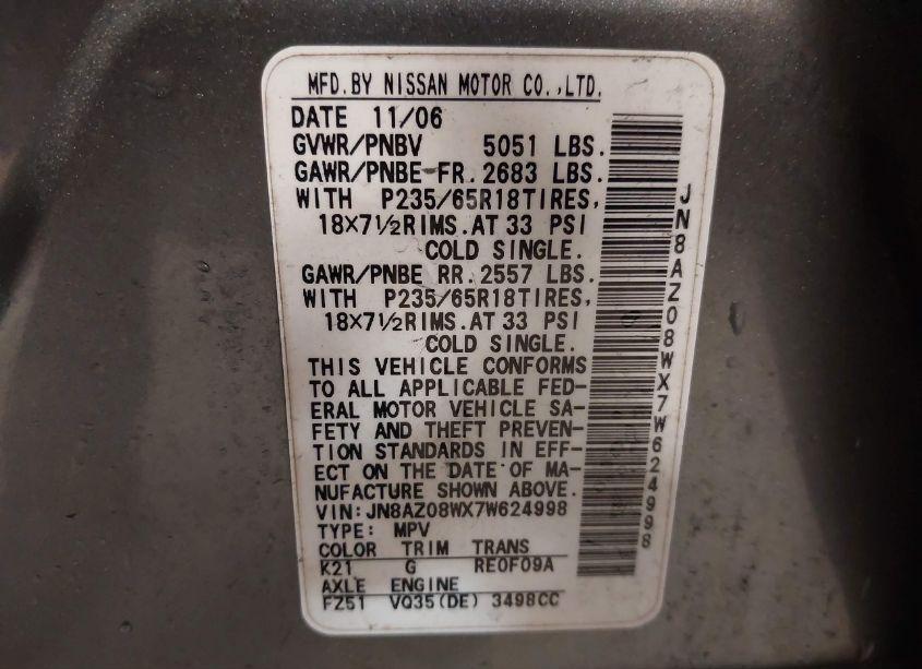 Photo 4 of 2007 Nissan Murano SL (VIN JN8AZ08WX7W624998)