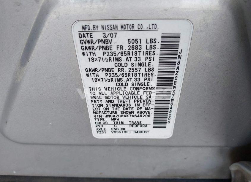 Photo 7 of 2007 Nissan Murano SL (VIN JN8AZ08WX7W649206)