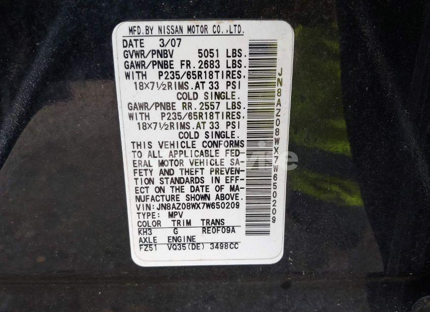 Photo 9 of 2007 Nissan Murano SL (VIN JN8AZ08WX7W650209)