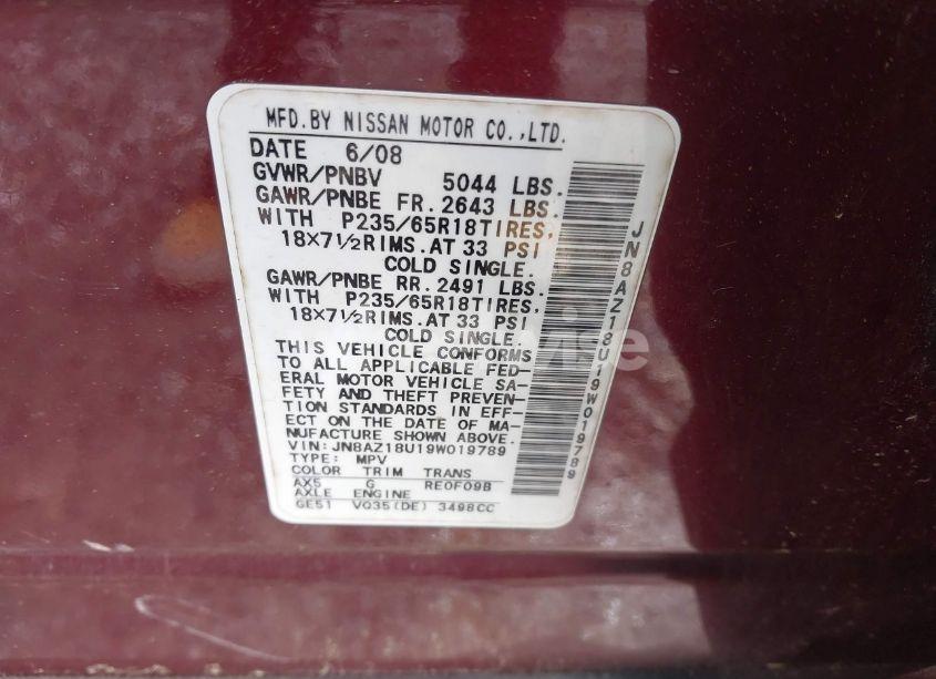 Photo 9 of 2009 Nissan Murano S (VIN JN8AZ18U19W019789)