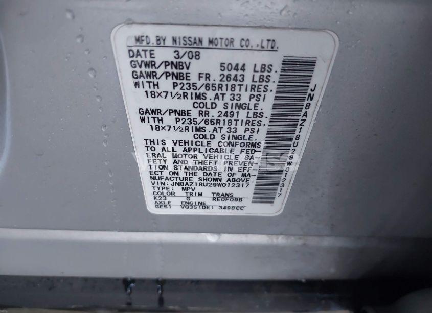 Photo 4 of 2009 Nissan Murano SL (VIN JN8AZ18U29W012317)