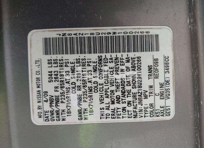 Photo 9 of 2009 Nissan Murano S (VIN JN8AZ18U29W100266)