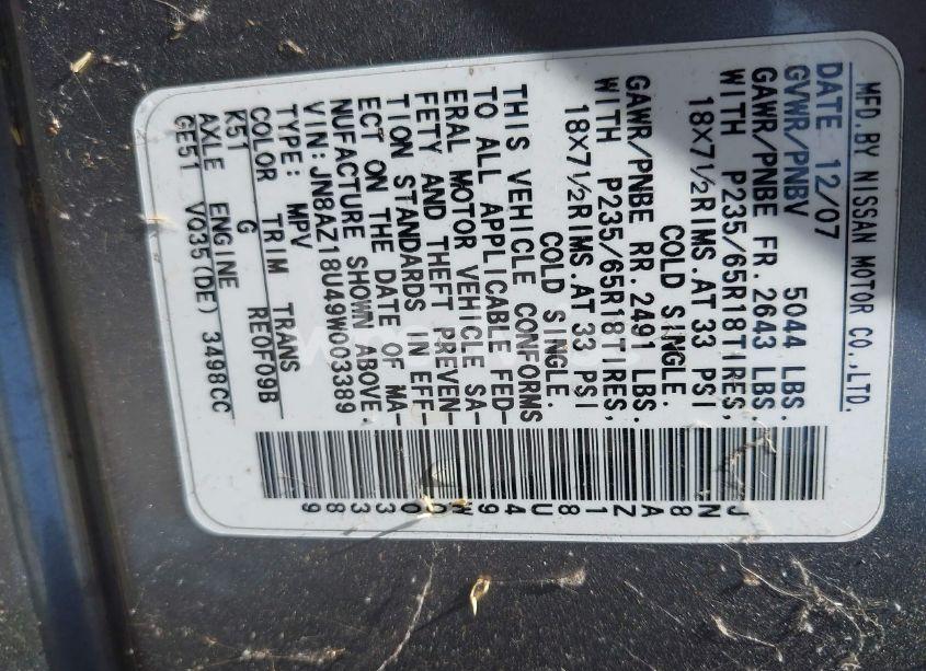 Photo 9 of 2009 Nissan Murano SL (VIN JN8AZ18U49W003389)