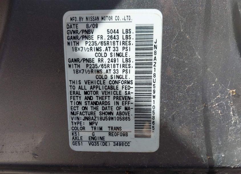 Photo 5 of 2009 Nissan Murano SL (VIN JN8AZ18U59W105865)