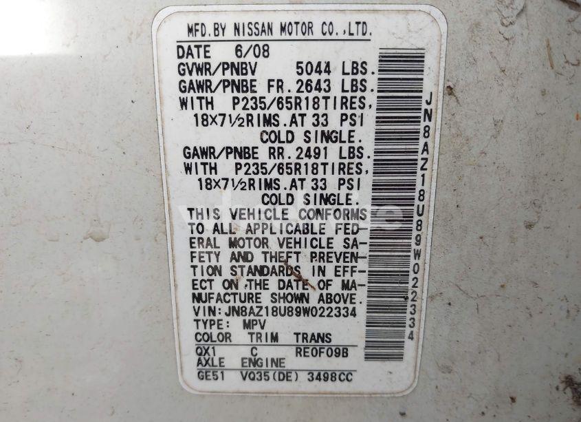 Photo 9 of 2009 Nissan Murano SL (VIN JN8AZ18U89W022334)