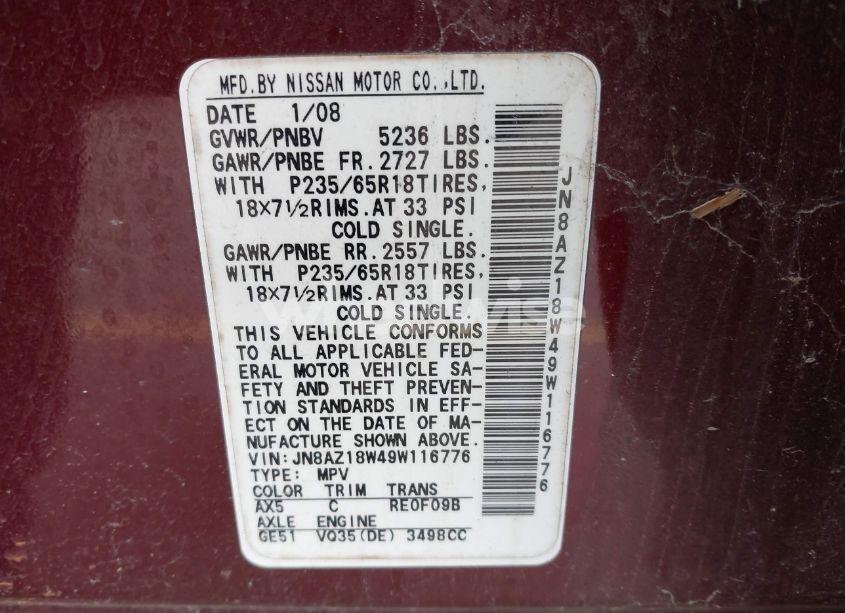 Photo 5 of 2009 Nissan Murano S (VIN JN8AZ18W49W116776)