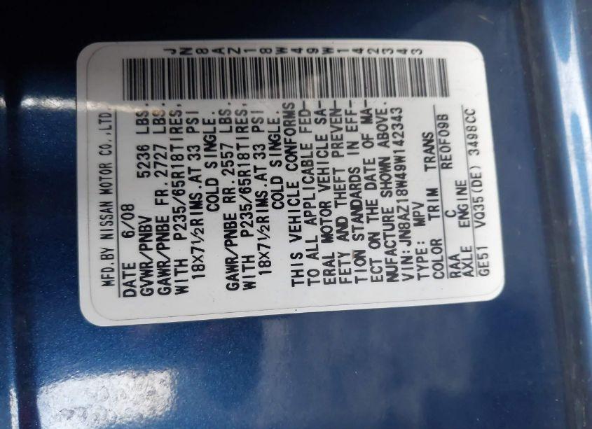 Photo 4 of 2009 Nissan Murano SL (VIN JN8AZ18W49W142343)