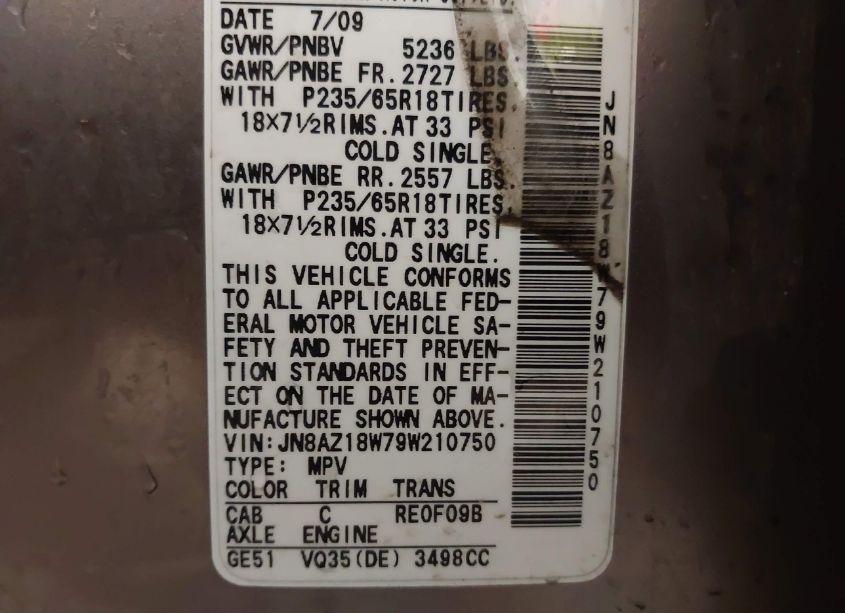 Photo 6 of 2009 Nissan Murano SL (VIN JN8AZ18W79W210750)