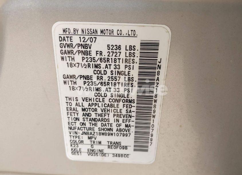 Photo 9 of 2009 Nissan Murano SL (VIN JN8AZ18W89W107997)