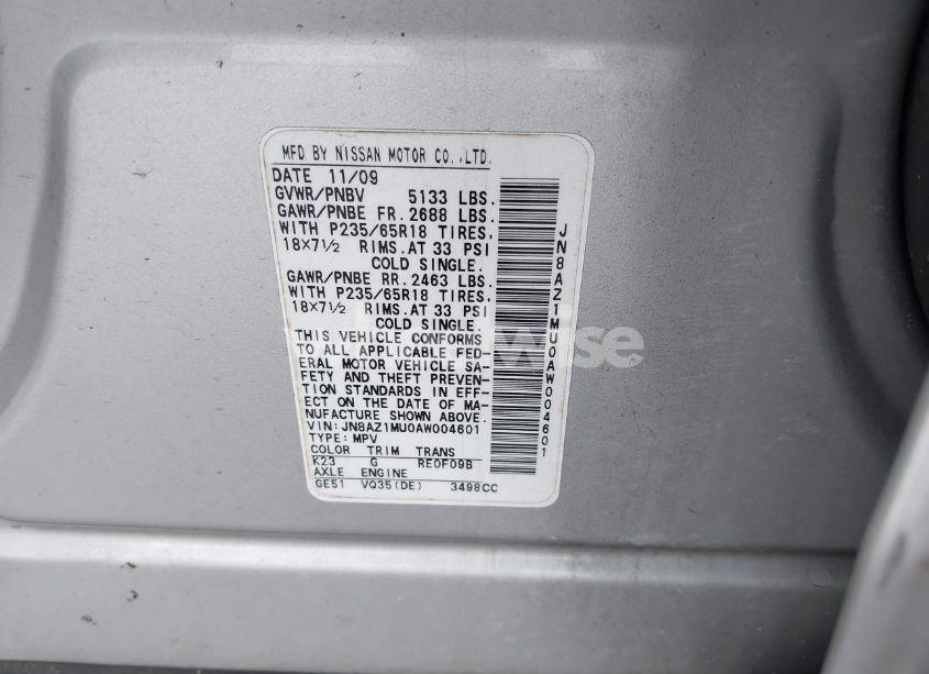 Photo 9 of 2010 Nissan Murano SL (VIN JN8AZ1MU0AW004601)