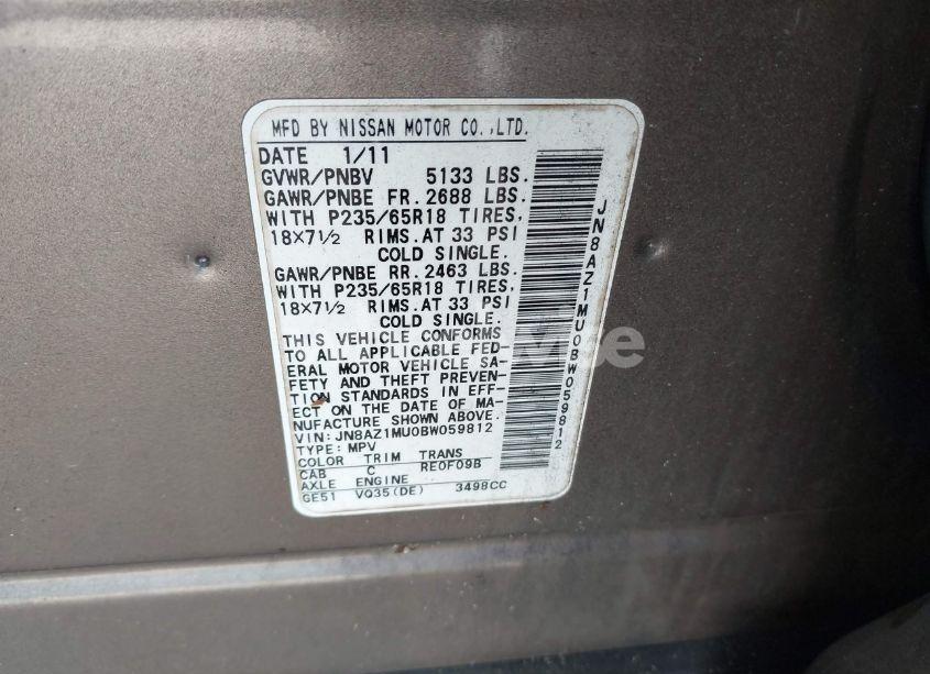 Photo 4 of 2011 Nissan Murano S/SL/LE (VIN JN8AZ1MU0BW059812)