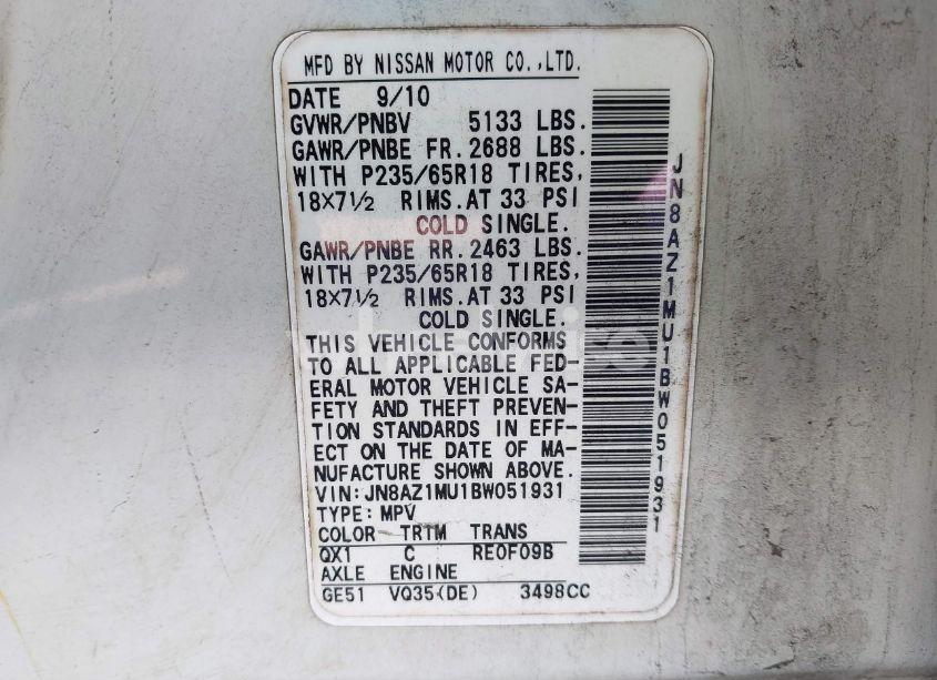 Photo 4 of 2011 Nissan Murano S (VIN JN8AZ1MU1BW051931)